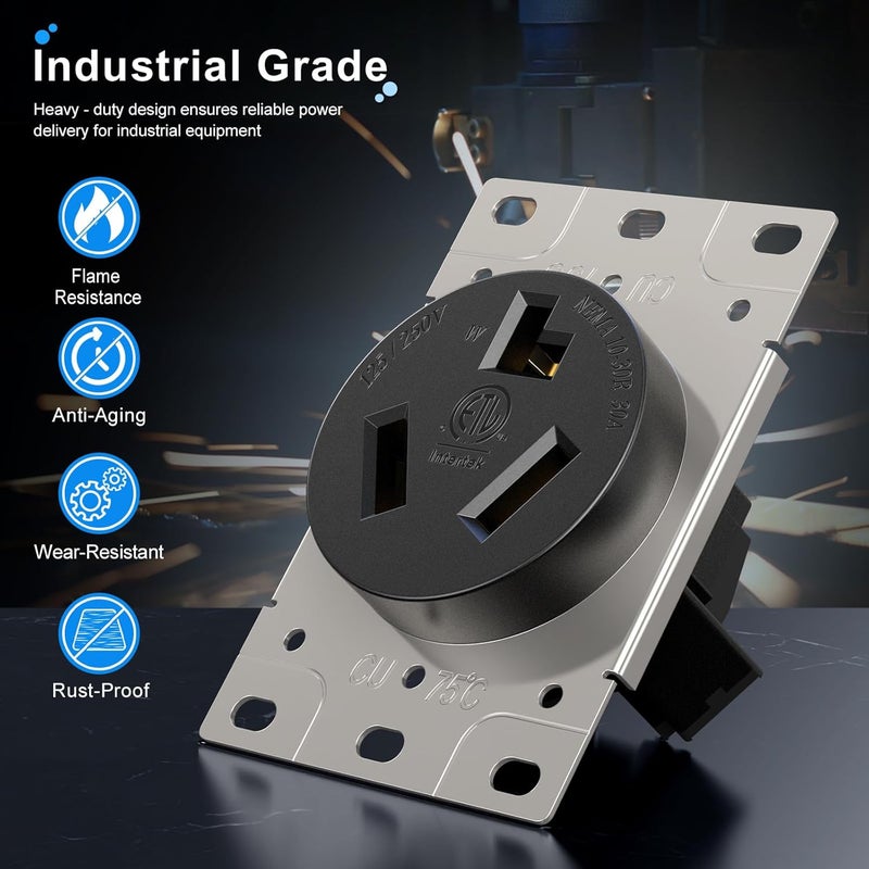 HYDUUU مخرج مجفف 30A NEMA 10-30R مقبس 250V 3 دبابيس مثبت على السطح موصل جانبي من الدرجة الصناعية لمغسلة EV وسخان حائط ومسطح تخطيط مدرج ETL - Image 5